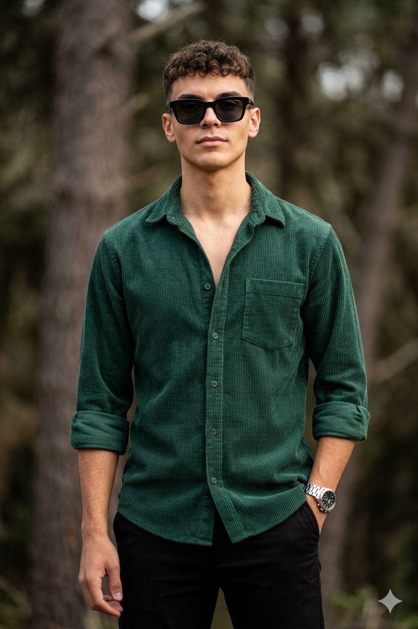 Create Boy in Corduroy Green Shirt Portrait Prompt